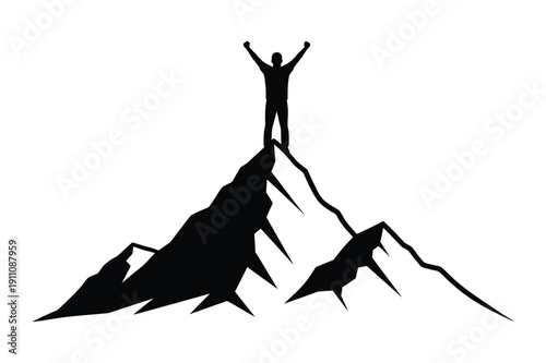 Hiker Silhouette Celebrating on Mountain Peak