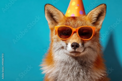 Wallpaper Mural Fox in party hat and sunglasses background Torontodigital.ca