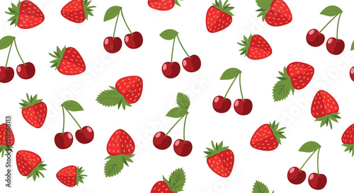 Repeated pattern of juicy red strawberries with green leaves and bright red cherries randomly arranged on a pure white background