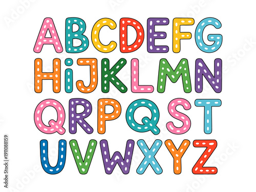 Colorful cartoon alphabet letters with white dots on plain white background