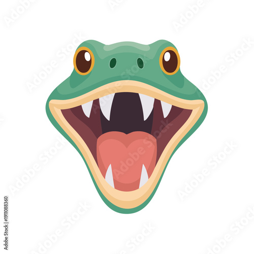 A cartoon of a green snake head with open mouth showing fangs.