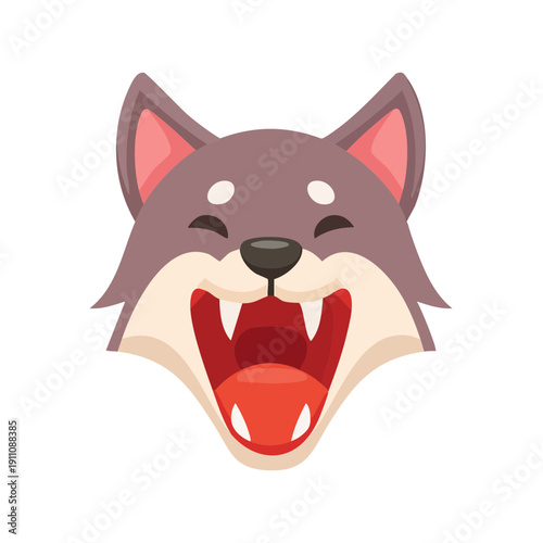 An illustration of a wolf head that is laughing out loud, showing its fangs