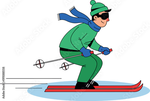 A cartoon skier in green ski suit blue scarf and black goggles skis down a slope on red skis with poles also transparent background