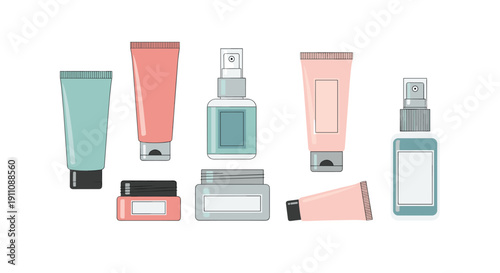 Assortment of pastel-colored cosmetic and skincare bottles, tubes, and jars displayed on a clean white background.
