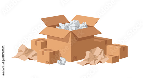 Collection of brown cardboard shipping boxes of various sizes surrounded by crumpled paper packaging on a white background.