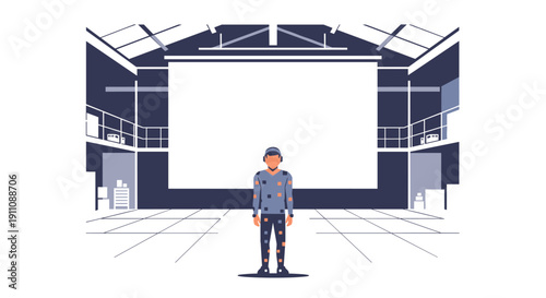 Person wearing a motion capture suit standing centered on a stage in a large production studio with a wide screen.