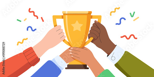 Three hands holding a gold trophy with colorful confetti around them in celebration