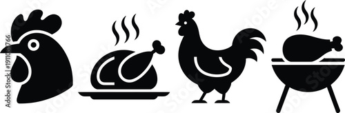 Illustration of a chicken, a roasting chicken, a standing chicken, and a grilled chicken