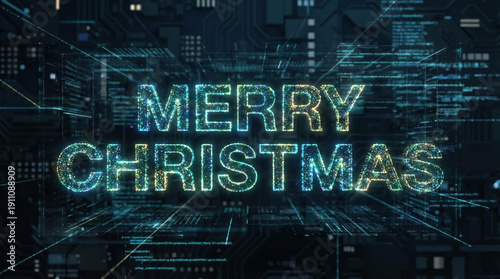 Merry Christmas digital greeting with futuristic circuit board background