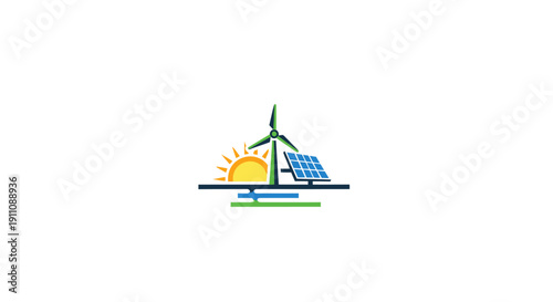 Wind Turbine and Solar Panels Illustration.