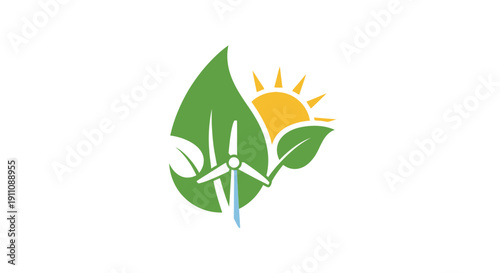 Wind Turbine Logo with Green Leaves.