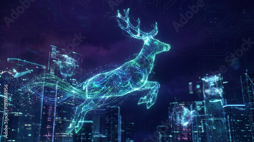 Futuristic neon deer leaping over digital cityscape at night