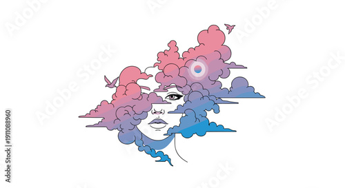Woman's face partially obscured by stylized pink and blue clouds with birds flying around her.