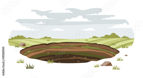 A large, circular crater or sinkhole in an open green grassy field, with distant rolling hills and a cloudy sky above.