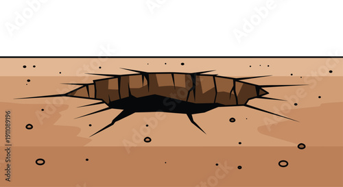 A deep, jagged crack in dry brown ground, with multiple smaller fissures radiating outwards across the arid surface.