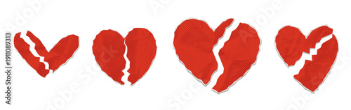 Broken heart torn paper collage set. Red cracked hearts with ripped edges. Vector halftone texture illustration. Divorce, breakup and sadness symbol.