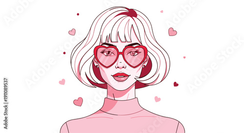 Young woman with a short bob haircut wearing pink heart-shaped glasses surrounded by small floating hearts on a white background.