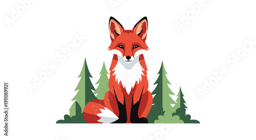 A red fox with white and black markings sits attentively in a simplified forest landscape with green trees and bushes.