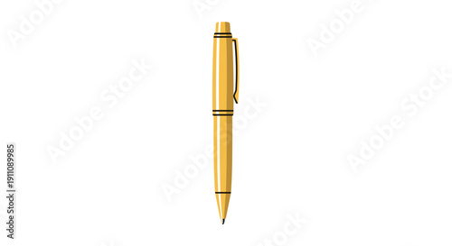 A single elegant gold ballpoint pen with black accents stands vertically on a plain white background.
