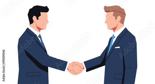 Two businessmen in dark suits and blue ties shake hands as a gesture of agreement or partnership.