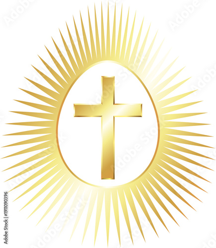Golden Easter egg with rays of light and Christian cross design