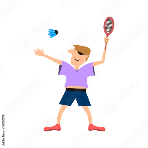 Cartoon Boy Playing Badminton with Racket Vector Illustration