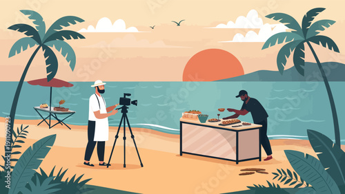 Man filming food preparation on tropical beach at sunset