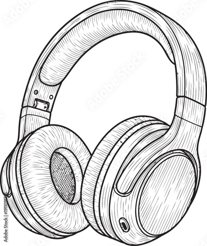 Sketch style illustration of a modern pair of headphones, detailed line art