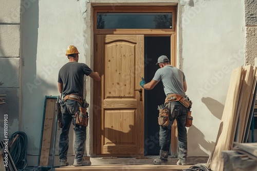 Skilled carpenters installing wooden front door into frame