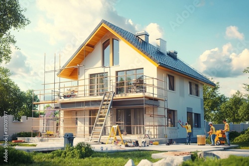 Cottage surrounded by scaffolding with exterior insulation