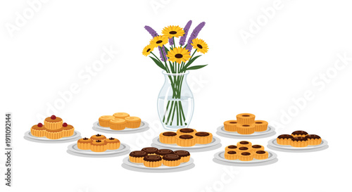 Clear glass vase filled with sunflowers and lavender blossoms surrounded by multiple plates of various small tarts and pastries.
