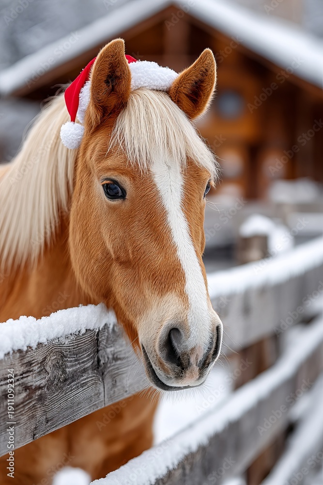 Obraz premium Festive horse wearing a Santa hat in a snowy countryside scene, celebrating the joy of Christmas