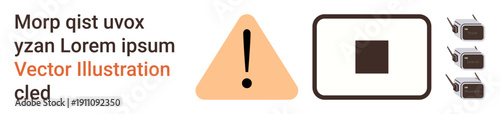 Safety protocols, technology alerts, digital signals, cautionary warning, system icons, instructional design. A triangle warning sign, square icon and multiple device symbols. Safety protocols