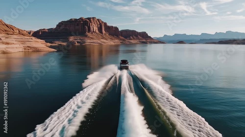 Drone captures thrilling motor boat speeding across Lake Powell, Drone following speeding motor boat through lake Powell