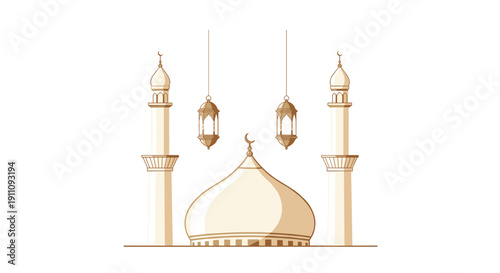Beige mosque facade with two tall minarets, a central dome, and two ornate hanging lanterns.