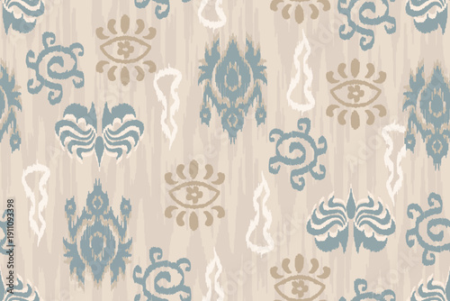 Seamless ikat pattern with geometric ethnic motifs. Abstract tribal background for wallpaper, textiles, traditional bohemian, Design for wallpaper, fabric, clothing, carpet, textile, batik