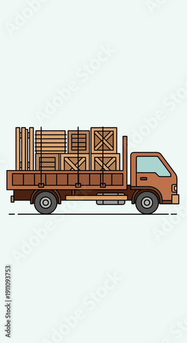 Flatbed Truck Carrying Cargo Boxes and Lumber Efficiently Transporting Goods