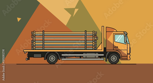 Flatbed Truck Carrying Lumber On Abstract Geometric Background