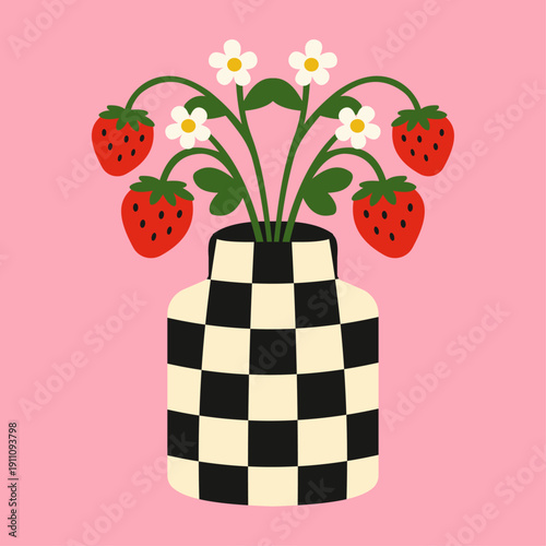 Minimalist graphic illustration of strawberry plants with flowers in a black and white checkerboard vase on a pink background