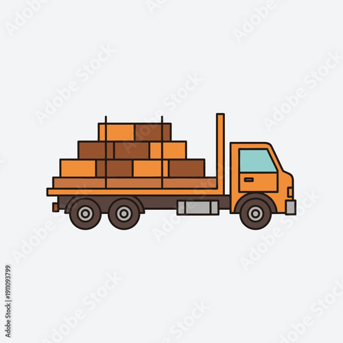 Flatbed Truck Carrying Stacked Wooden Boards for Construction or Delivery