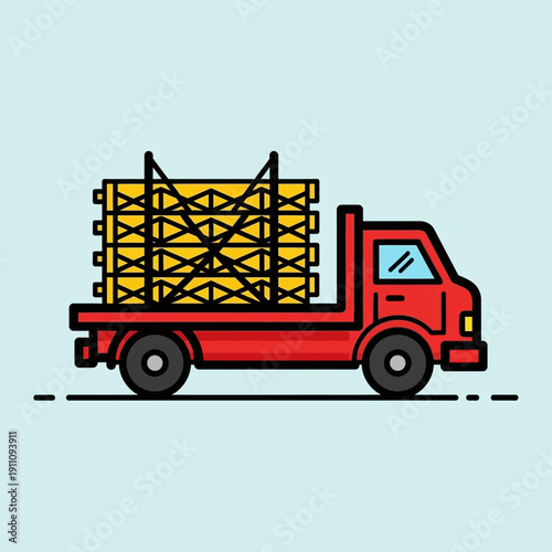 Flatbed Truck Delivering Construction Materials On A Light Blue Background