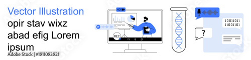 Biotechnology, digital diagnostics, online security, genomics, virtual collaboration, data privacy. Visual elements include a DNA strand, monitor and speech interaction. Biotechnology and digital