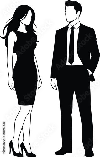 Minimalist black silhouette vector of professional business man in suit and woman in cocktail dress standing together for corporate concept (20 words)