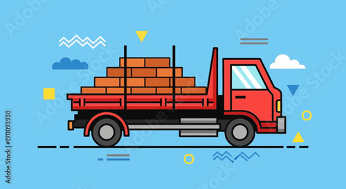 Flatbed Truck Delivering Construction Materials With Abstract Geometric Shapes On Blue Background