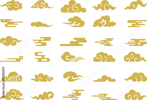 Golden Asian cloud collection set, traditional Chinese and Japanese vector auspicious patterns, oriental decorative elements