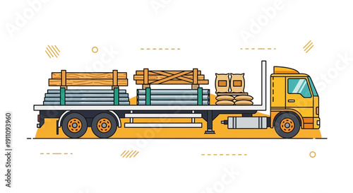 Flatbed Truck Delivering Construction Materials Wood Metal and Cement Bags