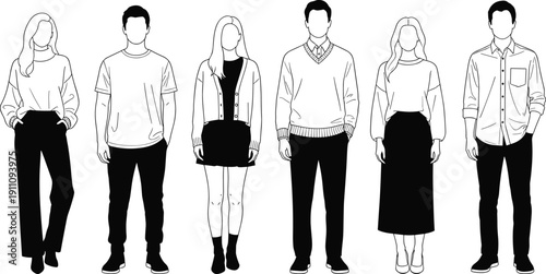 Minimalist vector line art illustration of diverse young men and women in casual outfits standing together for fashion lifestyle concept