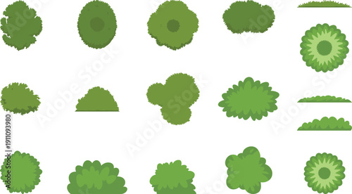 Green bush and shrub collection set, flat vector garden plants, top view landscape greenery, isolated nature elements for outdoor architectural mapping