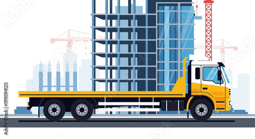 Flatbed Truck Transporting Materials At Construction Site With Cranes and Skyscraper
