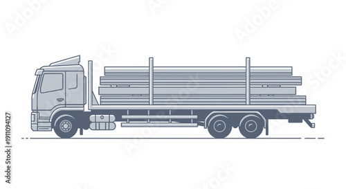 Flatbed Truck Transporting Metal Beams For Construction